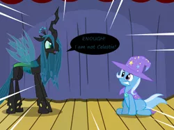 Size: 1280x957 | Tagged: safe, artist:evil-dec0y, derpibooru import, queen chrysalis, trixie, changeling, changeling queen, pony, unicorn, comic:trixie vs., cape, clothes, duo, duo female, female, hat, implied princess celestia, mare, stage, trixie's cape, trixie's hat