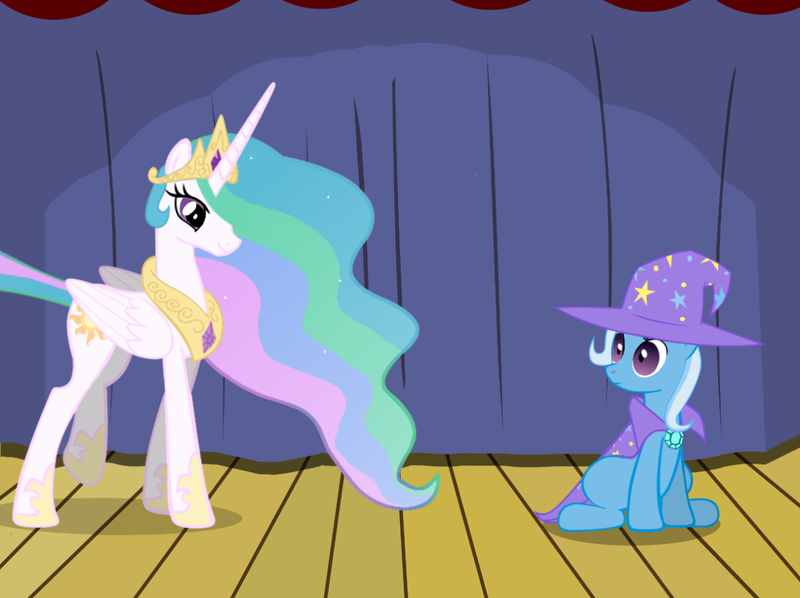 Size: 1280x957 | Tagged: safe, artist:evil-dec0y, derpibooru import, princess celestia, trixie, alicorn, pony, unicorn, comic:trixie vs., cape, clothes, duo, duo female, female, hat, mare, shrunken pupils, stage, trixie's cape, trixie's hat