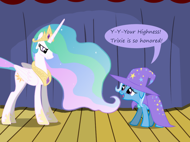 Size: 1280x957 | Tagged: safe, artist:evil-dec0y, derpibooru import, princess celestia, trixie, alicorn, pony, unicorn, comic:trixie vs., cape, clothes, duo, duo female, female, hat, mare, stage, trixie's cape, trixie's hat