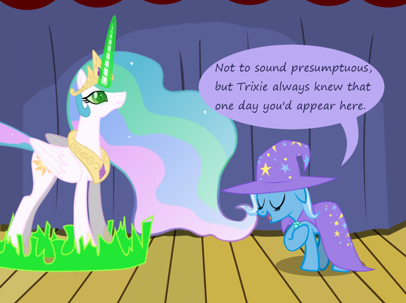 Size: 1280x957 | Tagged: safe, artist:evil-dec0y, derpibooru import, princess celestia, queen chrysalis, trixie, pony, unicorn, comic:trixie vs., cape, changeling magic, clothes, disguise, disguised changeling, duo, duo female, female, green eyes, hat, mare, stage, trixie's cape, trixie's hat