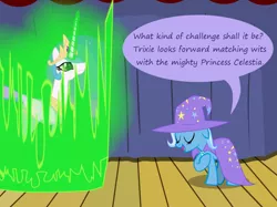 Size: 1280x957 | Tagged: safe, artist:evil-dec0y, derpibooru import, princess celestia, queen chrysalis, trixie, pony, unicorn, comic:trixie vs., cape, changeling magic, clothes, disguise, disguised changeling, duo, duo female, female, green eyes, hat, mare, shapeshifting, stage, trixie's cape, trixie's hat