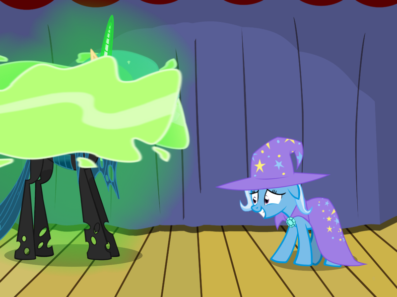 Size: 1280x957 | Tagged: safe, artist:evil-dec0y, derpibooru import, queen chrysalis, trixie, changeling, changeling queen, pony, unicorn, comic:trixie vs., cape, changeling magic, clothes, duo, duo female, female, hat, mare, shapeshifting, stage, transformation, trixie's cape, trixie's hat