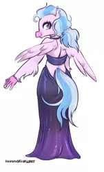 Size: 1772x2929 | Tagged: alternate hairstyle, anthro, artist:rainbowsprinklesart, backless, beautiful, clothes, cute, derpibooru import, diastreamies, dress, ear piercing, earring, jewelry, piercing, profile, safe, silverstream, simple background, solo, white background