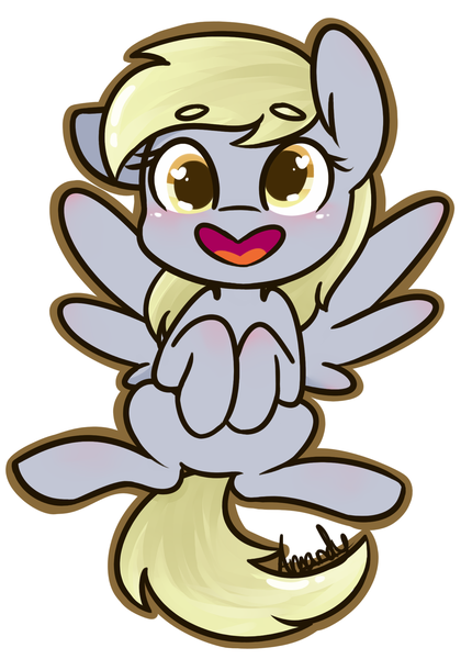 Size: 1197x1671 | Tagged: safe, artist:lilliesinthegarden, derpibooru import, derpy hooves, pegasus, pony, blushing, chibi, cute, derpabetes, heart eyes, heart mouth, hooves to the chest, looking at you, open mouth, simple background, solo, spread wings, white background, wingding eyes, wings