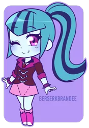 Size: 1280x1831 | Tagged: safe, artist:berserkbrandee, banned from derpibooru, deleted from derpibooru, derpibooru import, sonata dusk, equestria girls, rainbow rocks, abstract background, anime, chibi, clothes, cute, female, gem, jewelry, looking at you, one eye closed, pendant, ponytail, siren gem, smiling, solo, sonatabetes, wink