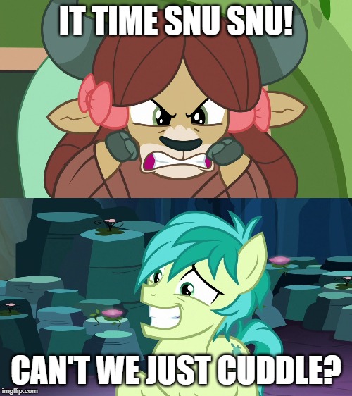 Size: 500x562 | Tagged: safe, derpibooru import, edit, edited screencap, screencap, sandbar, yona, earth pony, pony, yak, a matter of principals, uprooted, amazon women in the mood, angry, caption, comic, female, futurama, image macro, implied sex, interspecies, male, meme, nervous, screencap comic, shipping, snu-snu, straight, teenager, text, this will end in snu snu, yonabar