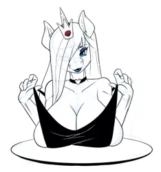 Size: 717x765 | Tagged: suggestive, artist:zwitterkitsune, derpibooru import, oc, oc:scarlet rose, unofficial characters only, anthro, unicorn, big breasts, blue eyes, blue lipstick, braless, breasts, breasts on table, choker, clothes, dress, eyeshadow, female, hair over one eye, horn, huge breasts, jewelry, little black dress, looking at you, makeup, monochrome, neo noir, partial color, sketch, solo, solo female, tiara