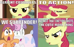 Size: 638x407 | Tagged: episode needed, safe, derpibooru import, edit, edited screencap, editor:undeadponysoldier, screencap, apple bloom, scootaloo, sweetie belle, earth pony, pegasus, pony, unicorn, bow, caption, cutie mark crusaders, female, filly, flushed away, funny, funny as hell, idiots, image macro, le frog, meme, pillow, pointing, reference, surrender, text, we surrender, wrong aspect ratio