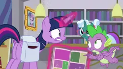 Size: 1920x1080 | Tagged: safe, derpibooru import, screencap, bellflower blurb, spike, twilight sparkle, twilight sparkle (alicorn), alicorn, dragon, unicorn, the point of no return, bag, book, bookshelf, comic book, library, saddle bag, unicorn twilight, winged spike