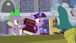 Size: 1920x1080 | Tagged: alicorn, bag, bellflower blurb, book, bookshelf, derpibooru import, dragon, library, pokey pierce, saddle bag, safe, screencap, seafoam, sea swirl, spike, the point of no return, twilight sparkle, twilight sparkle (alicorn), winged spike