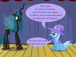 Size: 1280x957 | Tagged: safe, artist:evil-dec0y, derpibooru import, queen chrysalis, trixie, changeling, changeling queen, pony, unicorn, comic:trixie vs., angry, cape, clothes, cute, cutealis, dialogue, diatrixes, duo, duo female, female, hat, madorable, mare, stage, trixie's cape, trixie's hat