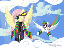 Size: 1024x778 | Tagged: safe, artist:cloclo2388, derpibooru import, fluttershy, oc, oc:pixel prism, pony, blushing, clothes, cloud, costume, daytime, description story, deviantart, duo, glasses, goggles, joke, one eye closed, scarf, shadowbolts, shadowbolts costume, sky