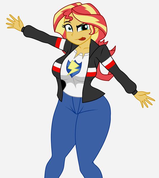 Size: 1700x1900 | Tagged: safe, artist:mashoart, derpibooru import, sunset shimmer, equestria girls, breasts, busty sunset shimmer, clothes, clothes swap, faic, female, implied flash sentry, implied flashimmer, implied shipping, implied straight, looking at you, simple background, smiling, solo, thick, tongue out, white background, wide hips