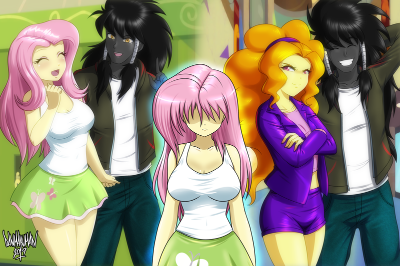 Size: 4500x3000 | Tagged: safe, artist:danmakuman, derpibooru import, adagio dazzle, fluttershy, oc, oc:midnight radiance (sixpathspony), bat pony, equestria girls, adagiance, breasts, busty fluttershy, canterlot high, clothes, commission, crossed arms, eyes closed, faceless female, female, flutterbat, hallway, happy, hidden eyes, lockers, miniskirt, offscreen character, open mouth, pants, race swap, sad, shorts, skirt, smiling, tanktop, thighs