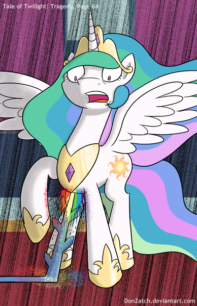 Size: 792x1224 | Tagged: semi-grimdark, artist:donzatch, derpibooru import, princess celestia, alicorn, pony, comic:tale of twilight, blood, crystal, hoof shoes, imminent death, impalement, implied king sombra, murder, open mouth, rainbow blood, raised hoof, shocked, solo, spread wings, wide eyes, wings