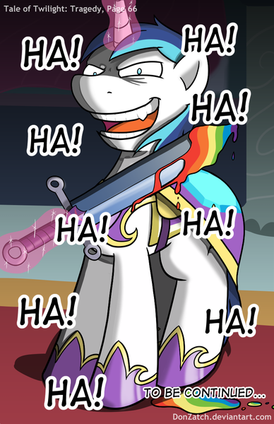 Size: 792x1224 | Tagged: semi-grimdark, artist:donzatch, derpibooru import, shining armor, pony, unicorn, comic:tale of twilight, blood, implied death, implied murder, laughing, magic, male, rainbow blood, solo, sword, weapon