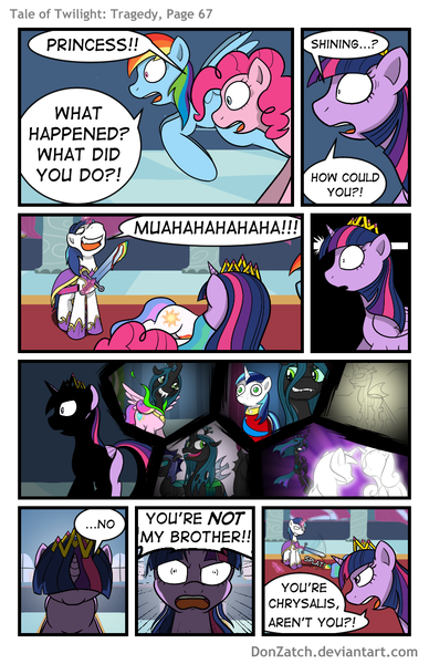 Size: 792x1224 | Tagged: artist:donzatch, blood, comic, comic:tale of twilight, dead, derpibooru import, implied murder, laughing, magic, pinkie pie, princess celestia, queen chrysalis, rainbow blood, rainbow dash, semi-grimdark, shining armor, sword, twilight sparkle, weapon