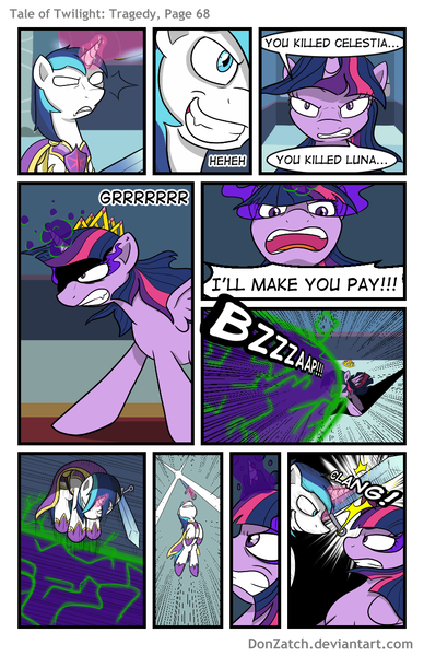 Size: 792x1224 | Tagged: safe, artist:donzatch, derpibooru import, shining armor, twilight sparkle, twilight sparkle (alicorn), alicorn, pony, comic:tale of twilight, comic, dark magic, fight, implied murder, magic, sword, weapon