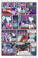 Size: 792x1224 | Tagged: alicorn, artist:donzatch, changeling, comic, comic:tale of twilight, dark magic, derpibooru import, exclamation point, fight, kick, magic, pinkie pie, rainbow dash, royal guard, safe, shining armor, sword, twilight sparkle, twilight sparkle (alicorn), weapon