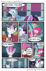 Size: 792x1224 | Tagged: safe, artist:donzatch, derpibooru import, pinkie pie, rainbow dash, shining armor, twilight sparkle, twilight sparkle (alicorn), alicorn, pony, comic:tale of twilight, comic, fight, injured, magic, sword, threatening, weapon