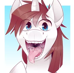 Size: 2100x2080 | Tagged: suggestive, artist:pinedx, derpibooru import, oc, oc:flower star, unofficial characters only, pony, unicorn, brown mane, commission, detailed mouth, drool, fangs, fetish, implied vore, looking at you, male, maw, mawshot, open mouth, raised hoof, simple background, tongue out, white coat, ych result, your character here