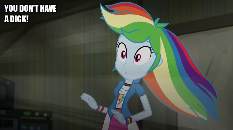 Size: 800x446 | Tagged: suggestive, derpibooru import, edit, edited screencap, screencap, rainbow dash, equestria girls, caption, image macro, rainbooms, solo, text, transphobia