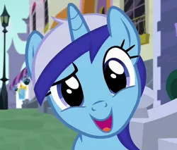 Size: 1228x1048 | Tagged: safe, derpibooru import, screencap, minuette, pony, amending fences, cropped, cute, happy, looking at you, minubetes, solo, streetlight