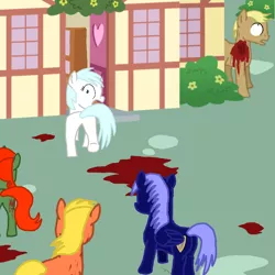 Size: 768x768 | Tagged: semi-grimdark, artist:crystal wishes, derpibooru import, earth pony, pegasus, pony, undead, unicorn, zombie, zombie pony, blood, female, galloping, house, looking back, male, mare, running, running away, scared, stallion, terrified, zombie ponies, zompony