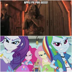 Size: 1000x1000 | Tagged: safe, derpibooru import, edit, edited screencap, screencap, applejack, fluttershy, pinkie pie, rainbow dash, rarity, a case for the bass, equestria girls, caption, cheech marin, clothes, from dusk till dawn, humane five, image macro, skirt, tanktop, text, titty twister, vulgar