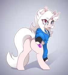 Size: 3197x3551 | Tagged: safe, artist:arctic-fox, derpibooru import, oc, oc:fuchsia, unofficial characters only, pony, unicorn, butt, clothes, dock, eye clipping through hair, female, gloves, hair over one eye, jacket, mare, patreon, patreon reward, plot, simple background