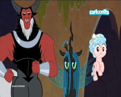 Size: 720x576 | Tagged: safe, derpibooru import, screencap, cozy glow, lord tirek, queen chrysalis, centaur, changeling, changeling queen, pegasus, pony, frenemies (episode), animated, bickering, bow, cartoonito logo, cozy glow is not amused, crown, female, filly, foal, hair accessory, hair bow, italian, jewelry, male, mare, no sound, nose piercing, nose ring, piercing, regalia, shoving, stallion, tail bow, video, webm