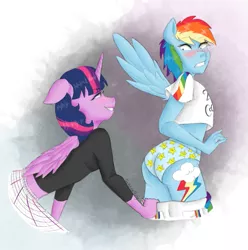 Size: 939x948 | Tagged: suggestive, artist:ngahuialily, derpibooru import, rainbow dash, twilight sparkle, twilight sparkle (alicorn), alicorn, anthro, assisted exposure, blue underwear, blushing, clothes, embarrassed, embarrassed underwear exposure, female, lesbian, midriff, no tail, panties, pants, pants down, pantsing, prank, shipping, shirt, short shirt, skirt, starry underwear, twidash, underwear