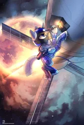 Size: 2000x3000 | Tagged: safe, artist:jedayskayvoker, derpibooru import, oc, oc:pixel shield, unofficial characters only, pony, unicorn, astronaut, commission, equestrian flag, floating, male, planet, solo, space, space station, spacesuit, working, ych result