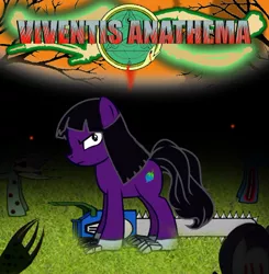 Size: 500x511 | Tagged: artist needed, source needed, grimdark, derpibooru import, oc, unofficial characters only, earth pony, pony, undead, zombie, fanfic, blood, chainsaw, earth pony oc, fanfic art, fanfic cover, looking at you, metal claws