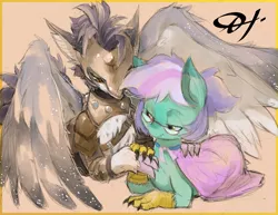 Size: 2475x1914 | Tagged: armor, artist:alts-art, claws, cloak, clothes, colored sketch, colored wings, couple, derpibooru import, duo, glasses, hippogriff, hippogriff oc, looking at each other, lying down, multicolored hair, necktie, oc, oc:tea tree, oc:teatree flower, oc:zephyr, orange background, pointy nose, safe, signature, simple background, sketch, spread wings, talons, traditional art, unofficial characters only, watercolor painting, wing fluff, wing freckles, wings