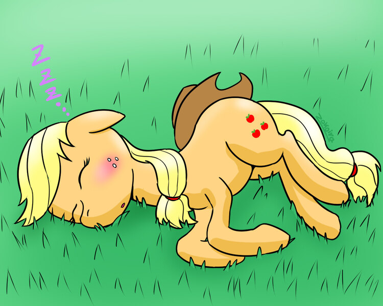 Size: 1280x1024 | Tagged: safe, artist:zokoira, derpibooru import, applejack, earth pony, pony, blushing, eyes closed, female, hat, lying down, mare, onomatopoeia, sleeping, solo, sound effects, zzz