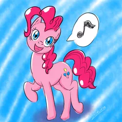 Size: 1024x1024 | Tagged: safe, artist:zokoira, derpibooru import, pinkie pie, earth pony, pony, abstract background, cute, diapinkes, female, looking at you, mare, music notes, raised hoof, singing, smiling, solo