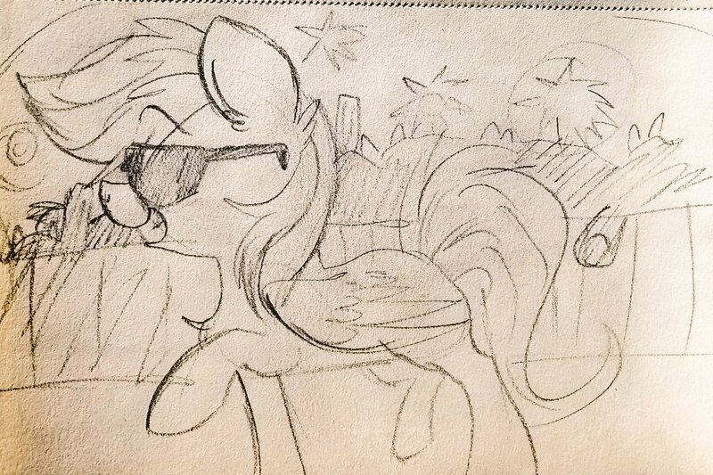 Size: 1024x682 | Tagged: safe, artist:littleblackraencloud, derpibooru import, rainbow dash, pegasus, pony, female, mare, monochrome, raised hoof, smiling, sunglasses, traditional art, walking