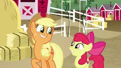 Size: 1920x1080 | Tagged: safe, derpibooru import, screencap, apple bloom, applejack, earth pony, pony, going to seed, apple sisters, cutie mark, duo, female, filly, foal, hay bale, mare, palindrome get, siblings, sisters, sweet apple acres, the cmc's cutie marks