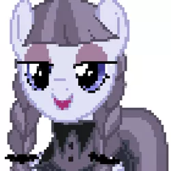 Size: 750x748 | Tagged: safe, artist:undeadponysoldier, derpibooru import, inky rose, pegasus, pony, clothes, dress, eyeliner, female, goth, gothic eyeliner, image, jpeg, lidded eyes, looking at you, makeup, mare, open mouth, pigtails, pixel art, simple background, solo, white background