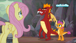 Size: 600x338 | Tagged: safe, derpibooru import, screencap, fluttershy, garble, smolder, dragon, pegasus, pony, sweet and smoky, angry, animated, brother and sister, cartoonito logo, claws, cute, cutie mark, discovery, displeased, dragon lands, dragoness, female, folded wings, gif, horns, italian, male, mare, pointing, raised eyebrow, siblings, smolder is not amused, teenaged dragon, teenager, toes, trio, unamused, wings