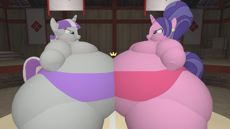 Size: 1616x909 | Tagged: suggestive, artist:bluebot888, derpibooru import, cookie crumbles, twilight velvet, pony, 3d, belly, big belly, chubby cheeks, duo, duo female, fat, female, gmod, huge belly, mare, obese, sumo, twilard velvet