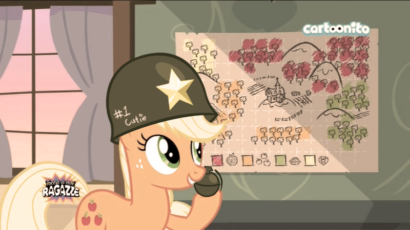 Size: 1280x720 | Tagged: safe, derpibooru import, edit, edited screencap, screencap, applejack, earth pony, pony, friendship is witchcraft, how applejack won the war, going to seed, cartoonito logo, female, grenade, helmet, italian, mare, solo