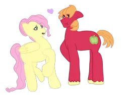 Size: 1600x1200 | Tagged: safe, artist:purplediamondcat, derpibooru import, big macintosh, fluttershy, pony, :t, female, floating, fluttermac, hair bun, male, missing cutie mark, raised hoof, shipping, simple background, straight, transparent background