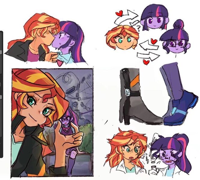 Size: 710x640 | Tagged: safe, artist:keeerooooo1, derpibooru import, sci-twi, sunset shimmer, twilight sparkle, equestria girls, female, glasses, kissing, lesbian, love triangle, polyamory, scitwishimmer, shipping, sunset twiangle, sunsetsparkle