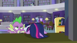 Size: 1920x1080 | Tagged: alicorn, bag, book, bookshelf, derpibooru import, dragon, facedesk, headdesk, library, pokey pierce, saddle bag, safe, screencap, seafoam, sea swirl, spike, the point of no return, twilight sparkle, twilight sparkle (alicorn), winged spike