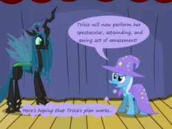 Size: 1280x957 | Tagged: safe, artist:evil-dec0y, derpibooru import, queen chrysalis, trixie, changeling, changeling queen, pony, unicorn, comic:trixie vs., cape, clothes, duo, duo female, female, hat, mare, stage, trixie's cape, trixie's hat