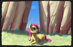 Size: 1518x986 | Tagged: safe, artist:eqlipse, derpibooru import, fluttershy, butterfly, pegasus, pony, detailed background, female, mare, painterly, peaceful, solo