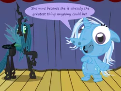 Size: 1280x957 | Tagged: safe, artist:evil-dec0y, derpibooru import, queen chrysalis, trixie, changeling, changeling queen, pony, unicorn, comic:trixie vs., bipedal, clothes, costume, duo, duo female, female, mare, pony costume, stage