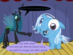 Size: 1280x957 | Tagged: safe, artist:evil-dec0y, derpibooru import, queen chrysalis, trixie, changeling, changeling queen, pony, unicorn, comic:trixie vs., clothes, costume, duo, duo female, female, mare, pony costume, stage